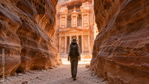 Rear View Traveler Approaching Petra in Jordan