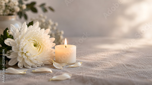 White Chrysanthemum and Votive Candle on Linen