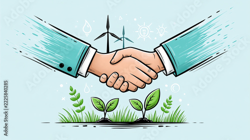 Two hands shaking above growing plants with wind turbines in the background, symbolizing an eco-friendly business partnership.