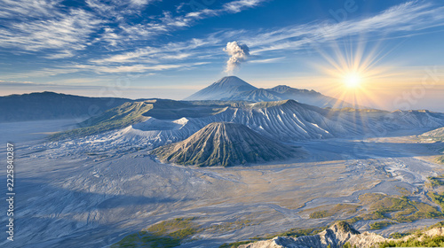 Stunning Sunrise Over a Majestic Volcano Surrounded by Rocky Terrain and Scenic Clouds