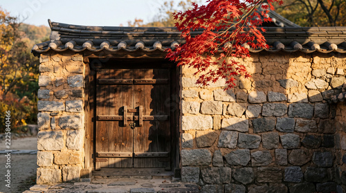Traditional Stone Doorway Surrounded By Autumn Foliage In A Peaceful Historic Setting