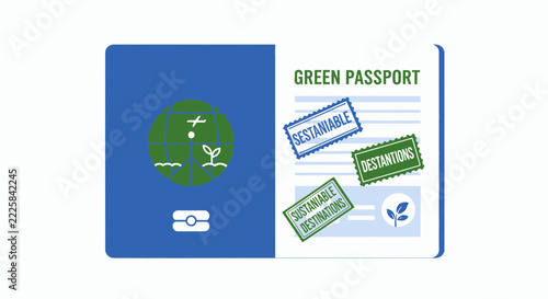 Green Passport Illustration for Sustainable Travel and Eco-Friendly Tourism Concept with Earth Logo and Environmental Stamps