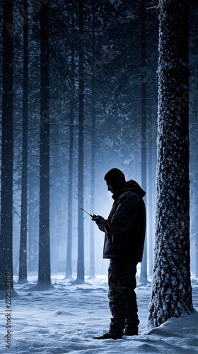 A lone figure stands in a dark, snowy forest, holding a magical wand. The atmosphere is mysterious and enchanting