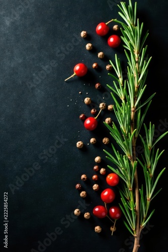 Dark backdrop, rosemary & peppercorns from above, food photography, aromatic, design