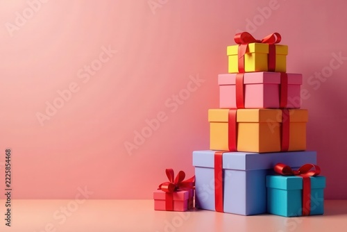 Towering colorful presents, tied with bright red bows , tower, xmas, colorful