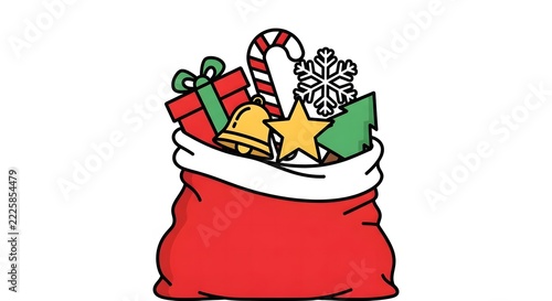 Santa claus red sack filled with christmas gifts and decorations