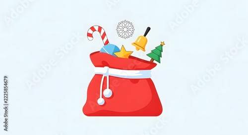 Red santa claus gift sack filled with christmas decorations