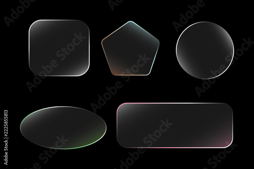 Glossy Black Geometric Shapes with Colorful Neon Gradient Outlines on Black Background