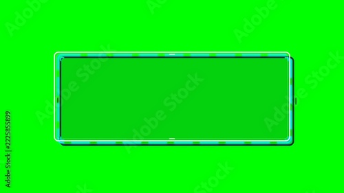 Cinematic animated rectangular frame with glowing cyan and white borders on a vibrant green screen background, subtly pulsing and shimmering, symbolizing a digital interface or placeholder