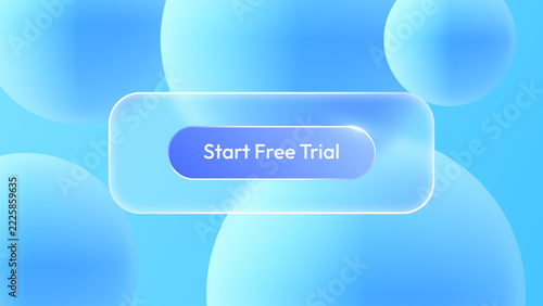 Modern Glassmorphism UI Button Template with Start Free Trial Text on Abstract Blue 3D Spheres Background Vector Design