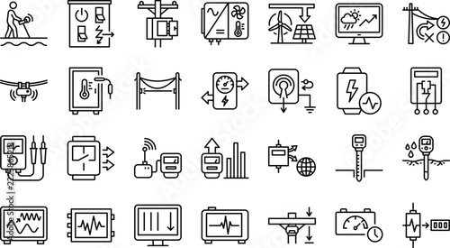 Electrical power grid energy monitoring voltage multimeter testing equipment utility technology outline icons vector set