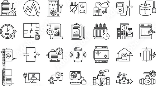Energy audit efficiency building utility consumption management conservation outline icons vector set
