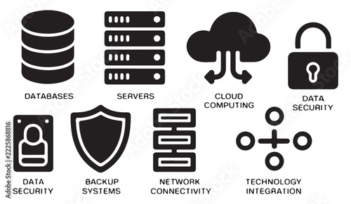 Data infrastructure flat vector icons black glyph set for cloud storage server and network security systems.