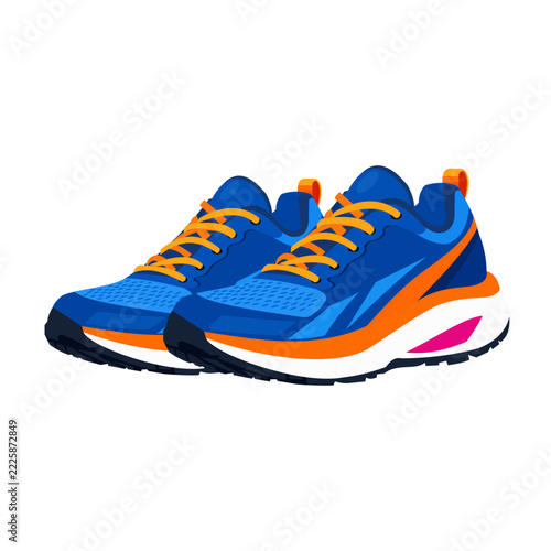 Blue and Orange Running Shoes, Athletic Sneakers with Thick Sole Vector Illustration