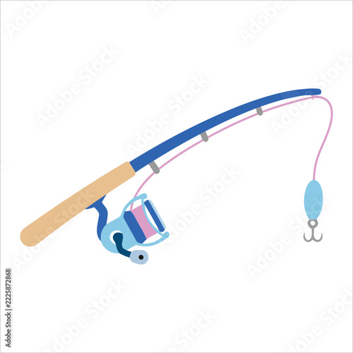 Cute blue and pink fishing rod illustration with reel and hook isolated on white background, vector graphic design element for hobbies and outdoors