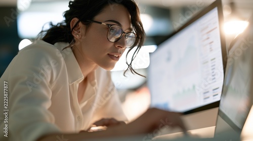 A focused school administrator wearing stylish glasses reviewing AI-based attendance and performance analytics on computer monitors in a modern office