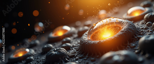 Luminous leukocyte encircled by specks in close-up for medical platforms, science portals, graphic assets, illness talks, and body defense tutoring