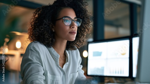 A focused school administrator wearing stylish glasses reviewing AI-based attendance and performance analytics on computer monitors in a modern office