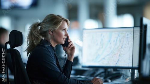 A focused shipping company dispatcher with a beard monitoring a fleet of trucks on multiple computer screens in a modern control room.