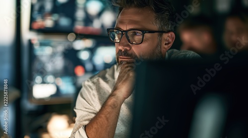 A focused female supply chain risk manager wearing glasses attentively reviewing disruption alerts and logistics data on computer monitors late at night.