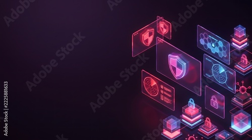 Isometric cybersecurity interface with glowing shields and padlocks on dark background with copy space
