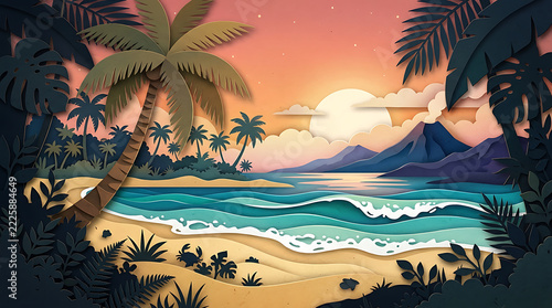 ropical Beach Sunset in Layered Paper Cutout Craft Style