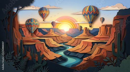 Hot Air Balloons Flying Over Grand Canyon in Paper Cutout Style