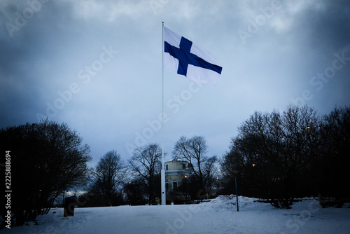 The National Flag of Finland on Independence Day on Observatory Hill, Helsinki, Finland. 