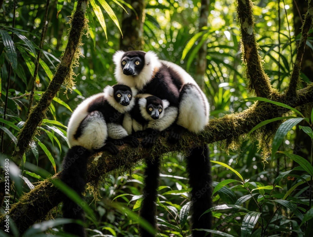 Naklejka premium Three black, white ruffed lemurs sit on mossy tree branch in tropical rainforest. Family of rare primates rest in green jungle. Wild animals look forward in Madagascar forest habitat among rich