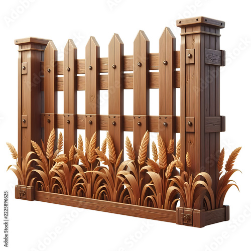 Wooden Garden Fence Brown Front View Isolated on Transparent Background