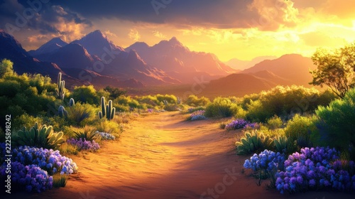 Vivid cacti and blooming desert flowers frame a breathtaking sunset over the sand dunes, creating a radiant landscape filled with color and warmth in the arid environment.