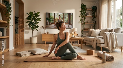 Woman Practicing Yoga at Home Following Online Fitness Class