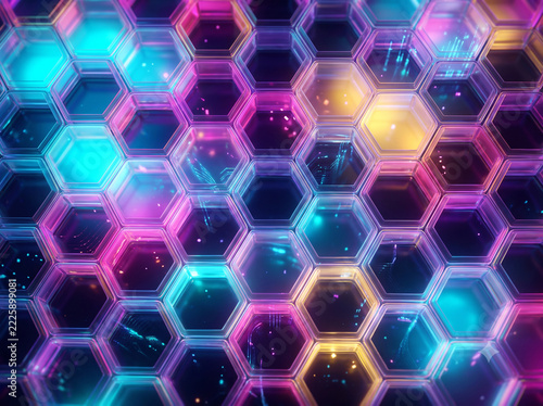 Futuristic vivid neon holographic hexagonal honeycomb background