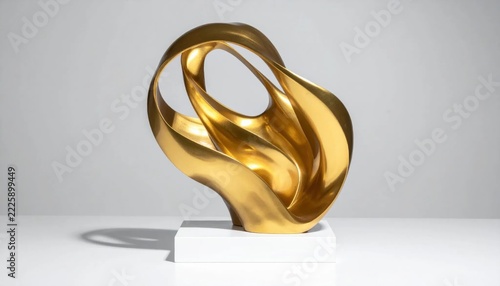 Elegant Golden Abstract Sculpture with Flowing Curves on a White Pedestal, Modern Art Display