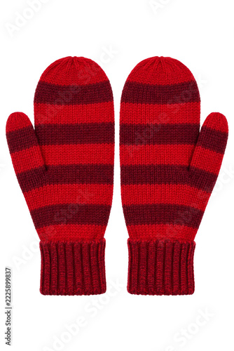 Obraz na plátně Pair of cozy red and dark maroon striped knit mittens isolated on a clean white