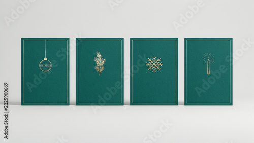 Minimalist Christmas Card Collection with Geometric Gold Snowflake, Hanging Bauble, Pine Sprig and Candle on Emerald Green Textured Paper