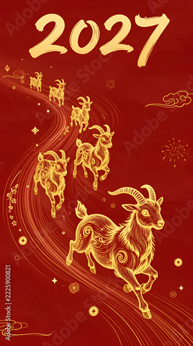 Traditional Chinese New Year 2027 Line-Art Design with Goats Flowing in Perspective from Distance, Golden Linework and Red Lanterns, Festive Red Envelope Illustration