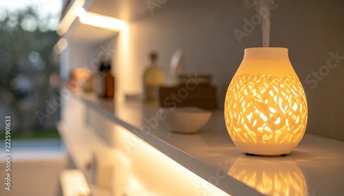 Illuminated Fragrance Diffuser Casting Warm Light in a Serene Interior Setting