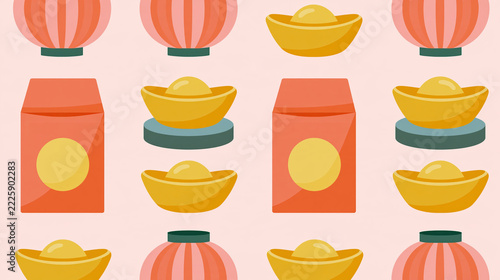 MetadataSeamless red envelope, gold ingot and lantern pattern creates festive Lunar New Year design in warm colors with traditional symbols