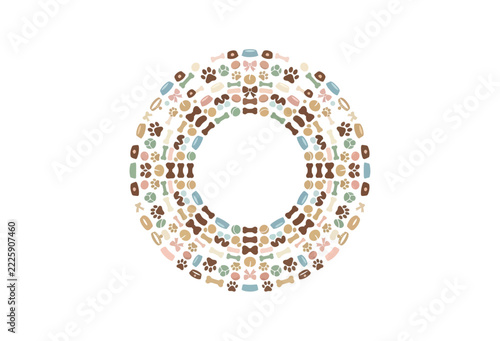Circular pattern composed of dog bones paw prints and collars in muted tones