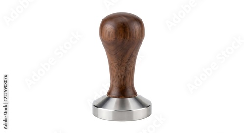 Coffee tamper with a dark brown wooden handle and a polished stainless steel base