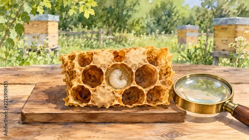 Brood Comb Sample Examined with a Magnifying Lens