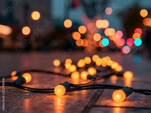 String of orange lights lies on a textured surface at dusk.
