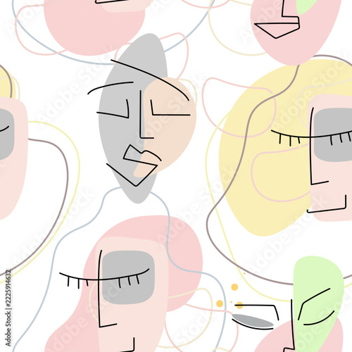 One line drawing. Abstract face seamless pattern. Vector Modern minimal art.  Graphics contour background. Continuous line drawing. Linear design woman and man faces. Beauty modern print. 