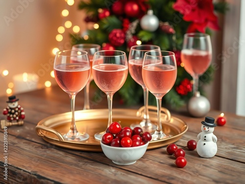 Four glasses of rose wine on a golden tray with a bowl of cherries and a small snowman figure in front of a decorated christmas tree