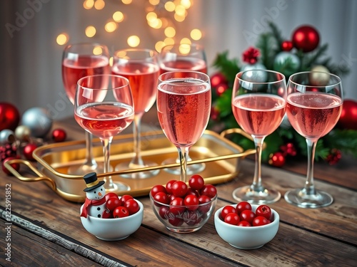Glasses of rose wine with fresh cranberries on a rustic wooden table with christmas decorations and golden fairy lights for a holiday party