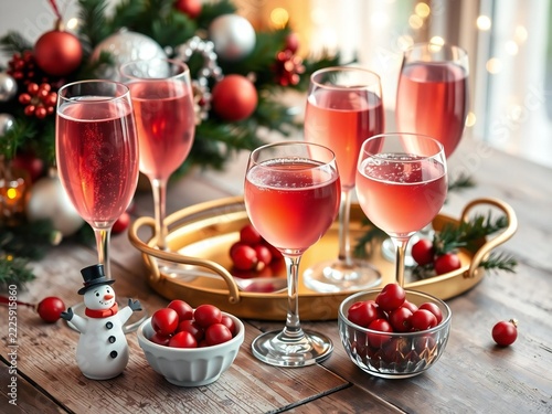 Glasses of rose champagne with fresh cranberries and a small snowman ornament on a rustic wooden table for a festive christmas celebration