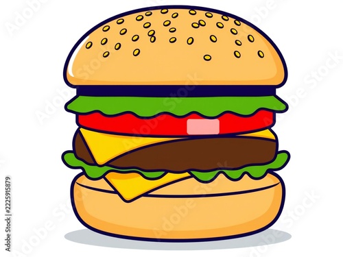 A colorful hand drawn cartoon cheeseburger with beef patty lettuce tomato and melted cheese