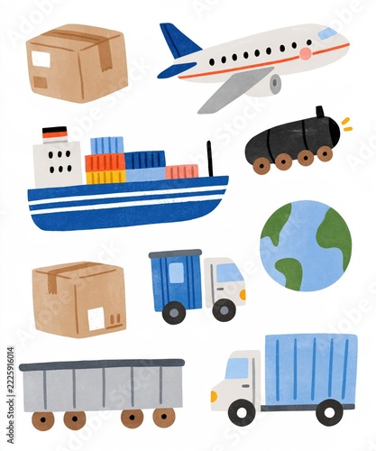 Various modes of transportation deliver packages and goods worldwide.