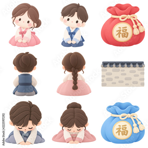 Korean Lunar New Year Hanbok Character and Lucky Pouch Set 3D